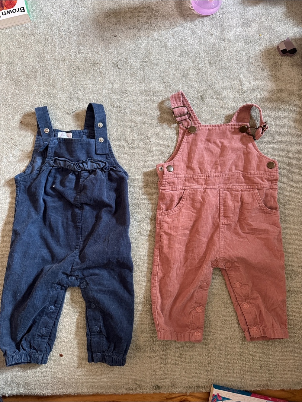 Two pair of Angel Dear size 6-12m Rose Pink and navy blue Corduroy Overalls